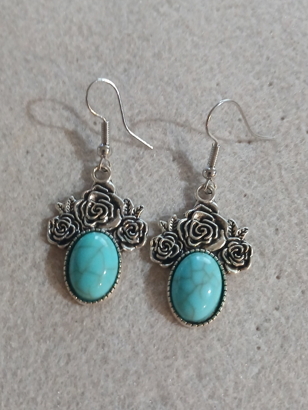 234- Turquoise style Rose Pendant Drop Earrings - Silver Tone